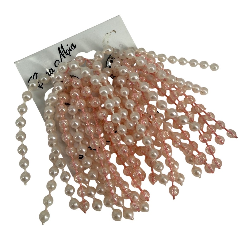 Cara Mia Pink Beaded Fringe Tassel Earrings Boho Statement Dangle Faux Pearl